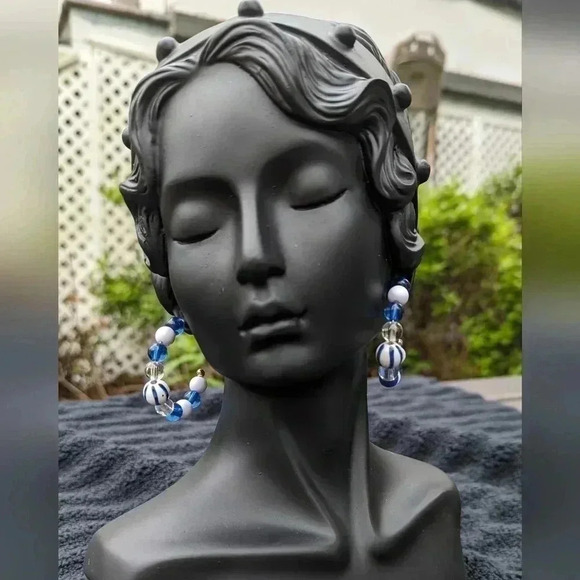 Francesca's Hoop Earrings Blue and White Color (New) - Picture 3 of 6